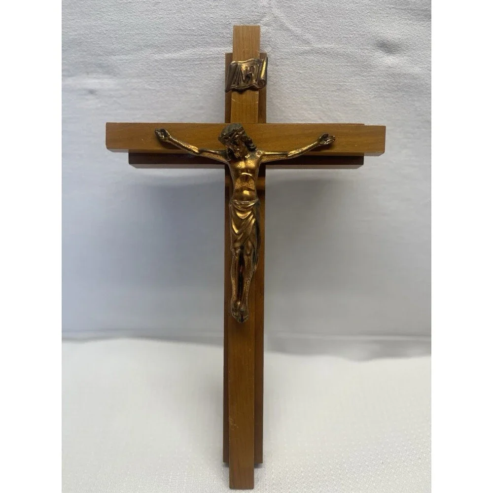 Vintage 15” Wood & Brass INRI Crucifix Jesus Cross Catholic Christian Candle 2pc